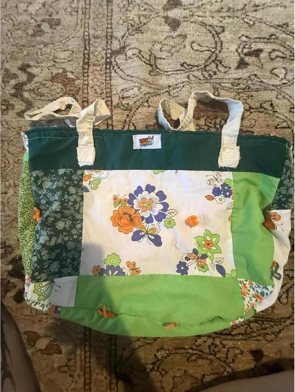 Handmade quilt white floral tote bag with orange, purple, and green flowers